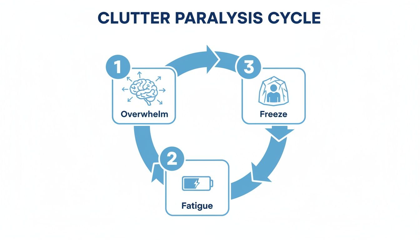 Diagram illustrating the Clutter Paralysis Cycle: Overwhelm, Fatigue, and Freeze.