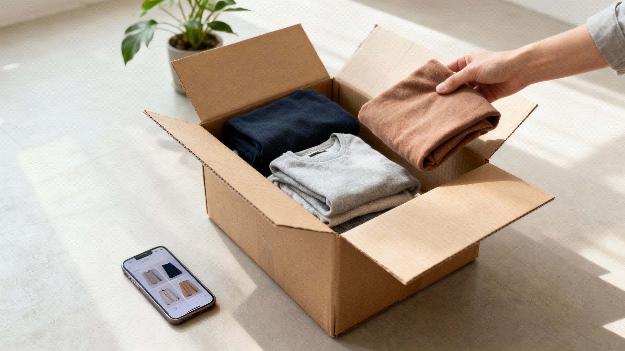 Someone organizes folded sweaters into a cardboard box, with a phone showing a clothing app.