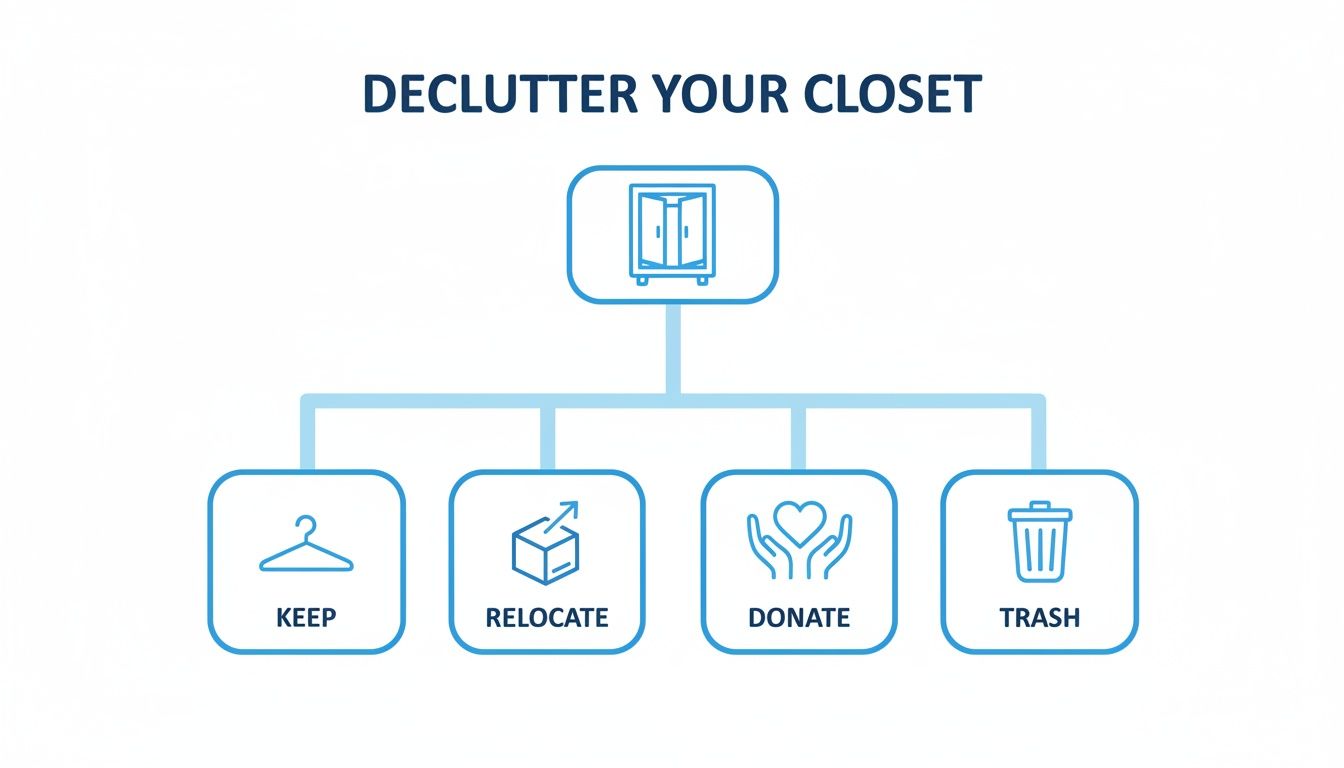 Flowchart outlining the steps to declutter a closet: keep, relocate, donate, and trash.