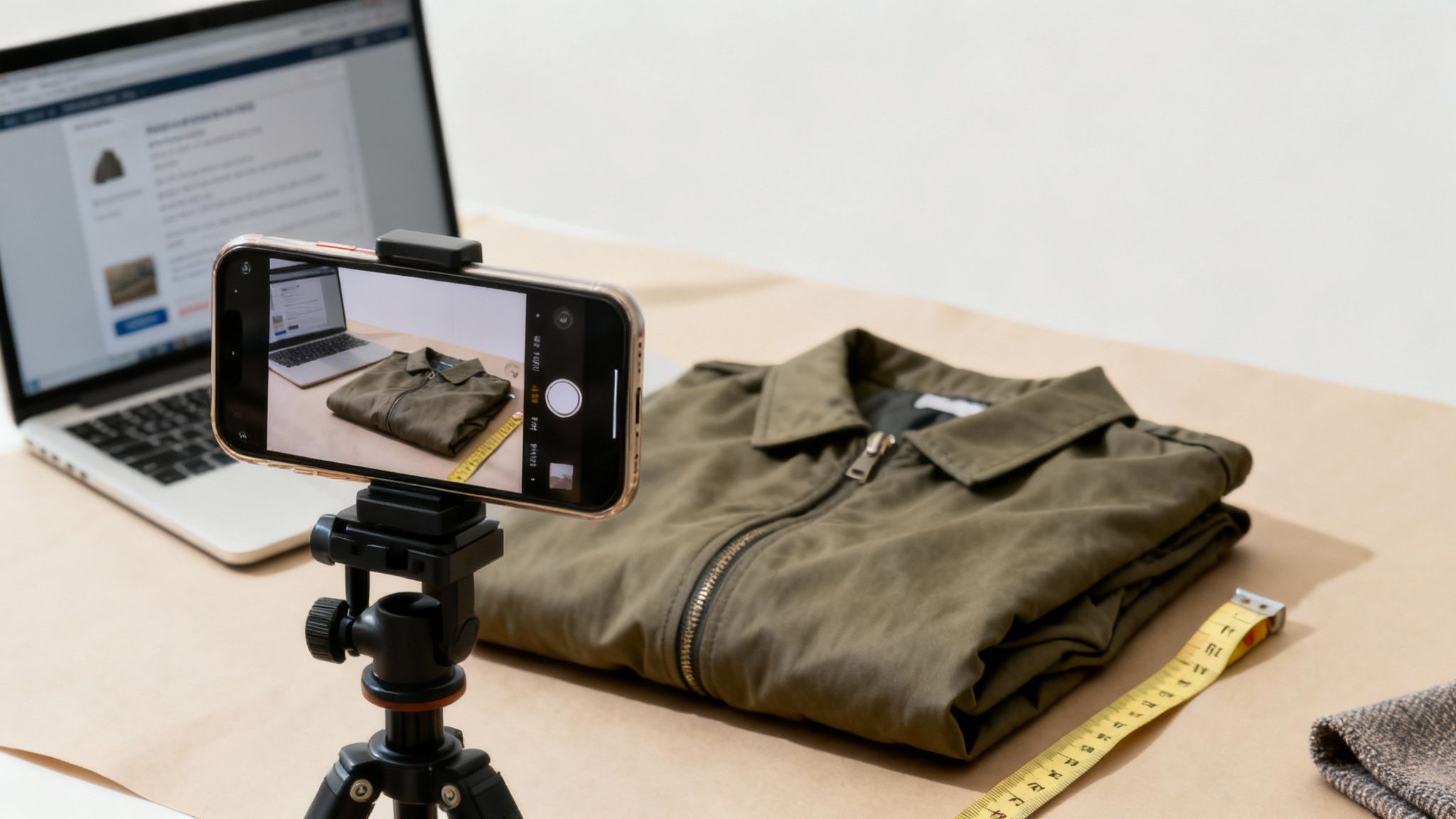 A smartphone on a tripod takes a photo of a green jacket for online selling, with a laptop and measuring tape.