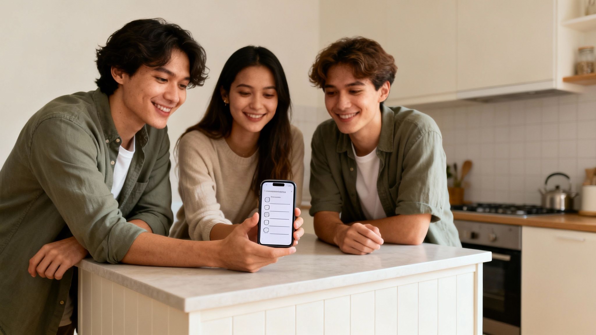 Three happy young friends in a kitchen looking at a shared cleaning schedule on a smartphone.
