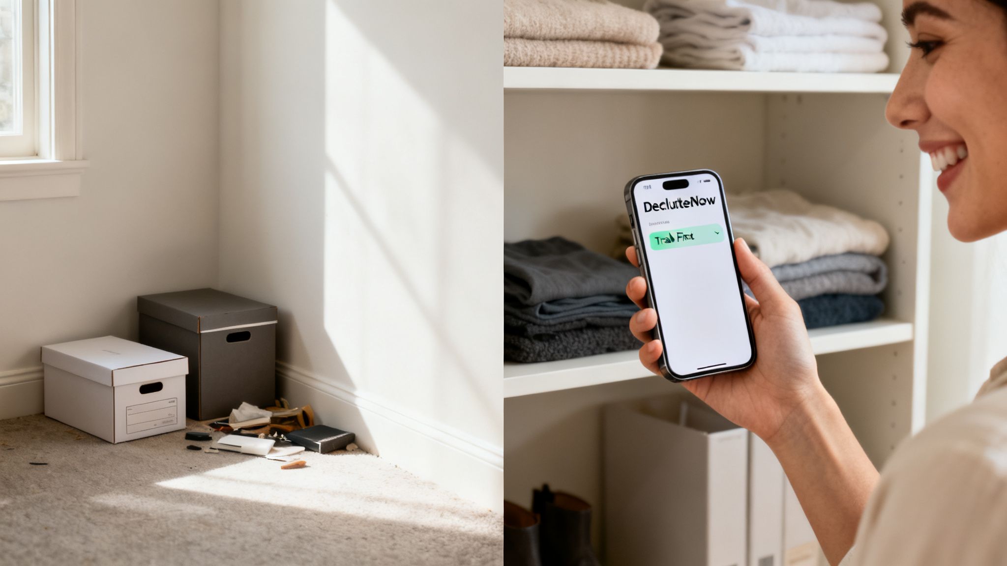 A person uses a decluttering app on a smartphone, contrasting a messy room with an organized closet.