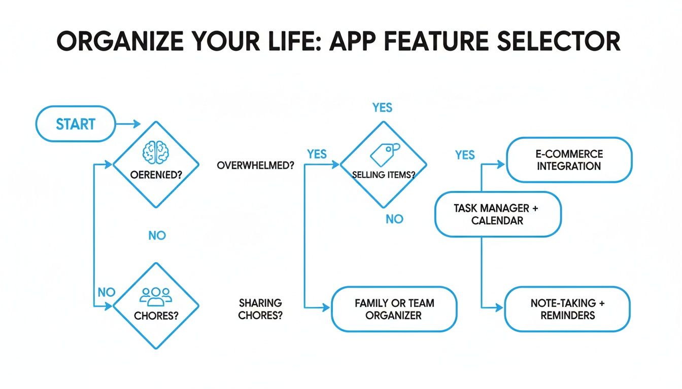 A flowchart titled 'Organize Your Life: App Feature Selector' guiding users to choose app features based on their needs.