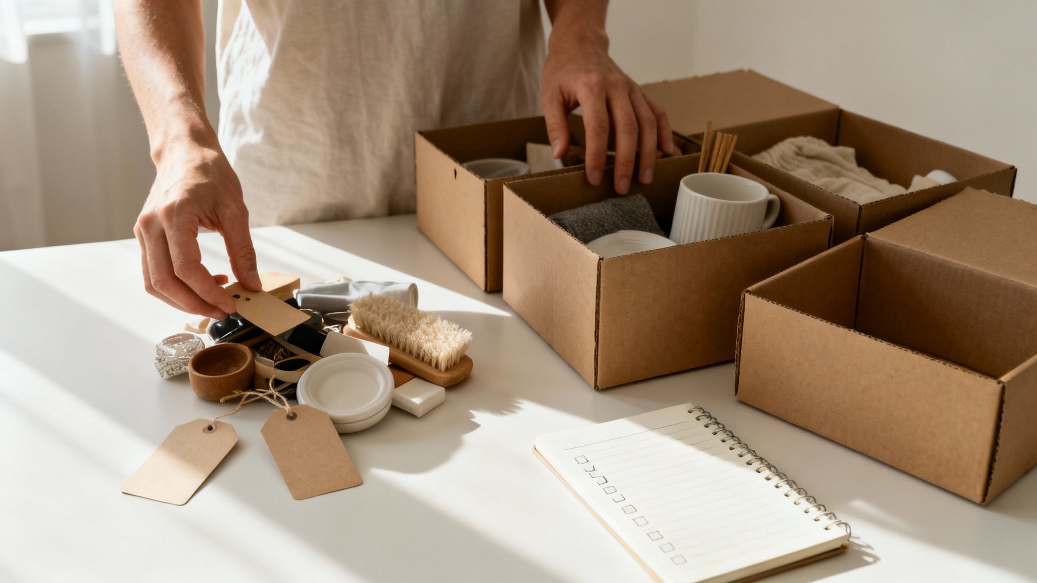 A person sorts small household items like mugs, brushes, and fabrics into cardboard boxes on a white table, preparing for resale.