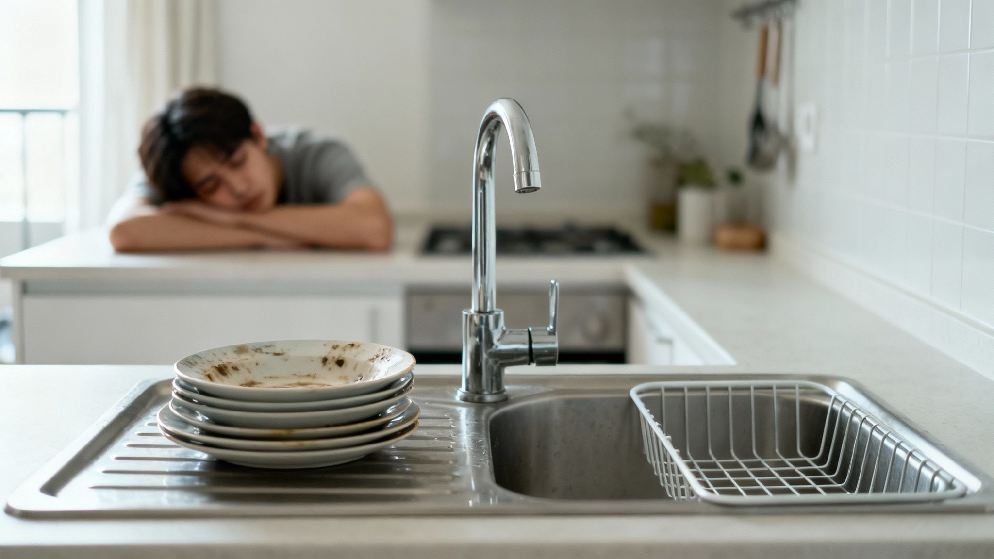 Dirty dishes piled in a kitchen sink, with a fatigued person resting in the background.
