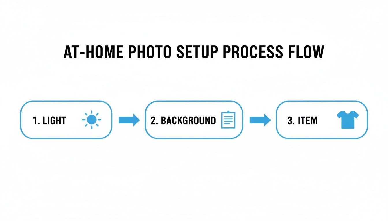 A flow chart illustrating the three steps for an at-home photo setup: light, background, and item.