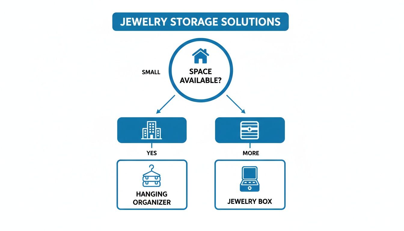 Infographic illustrating jewelry storage solutions: a hanging organizer for small spaces, or a jewelry box.