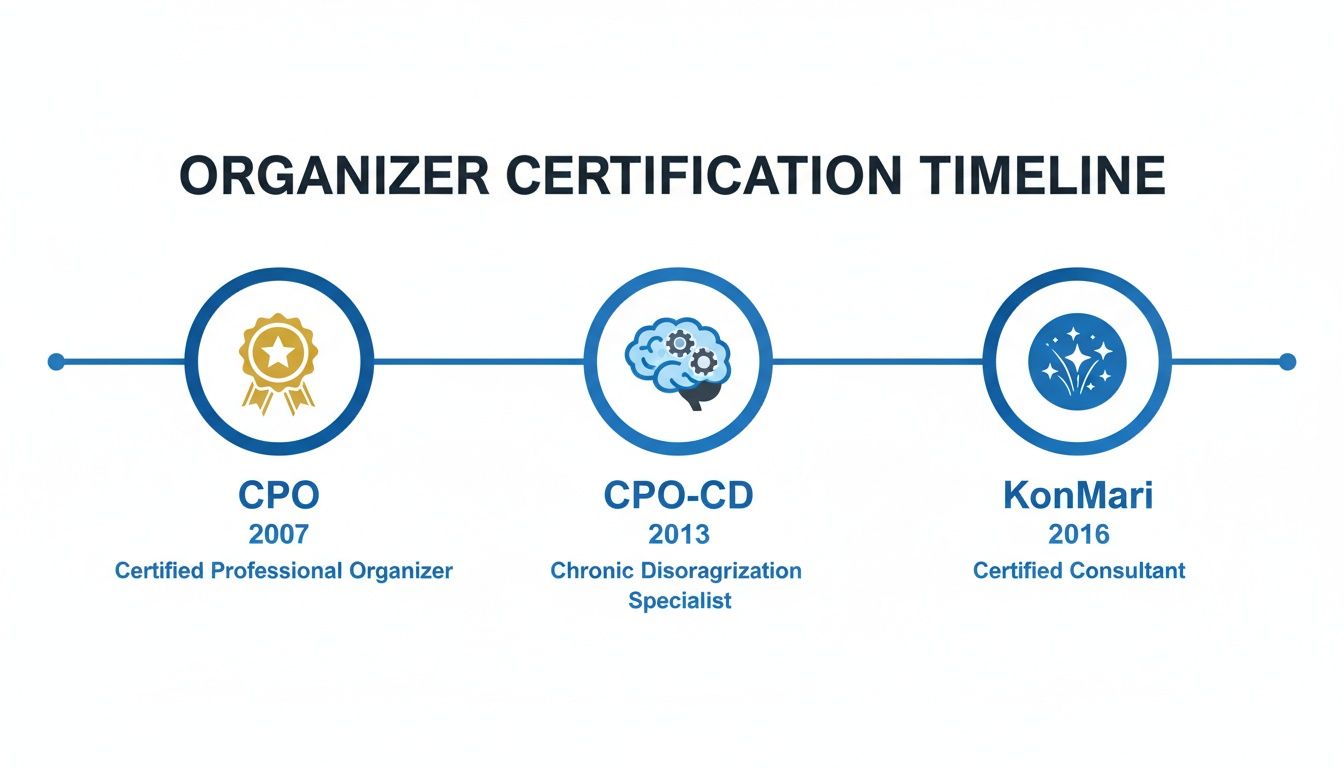 A timeline graphic displaying organizer certifications including CPO (2007), CPO-CD (2013), and KonMari (2016).