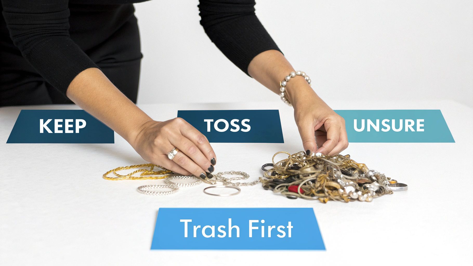A person sorts various jewelry pieces into categories labeled Keep, Toss, and Unsure, for organization.