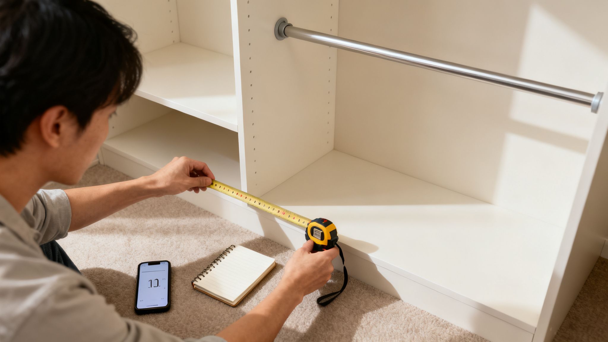 A person measures a white closet with a tape measure, planning a closet organization system.