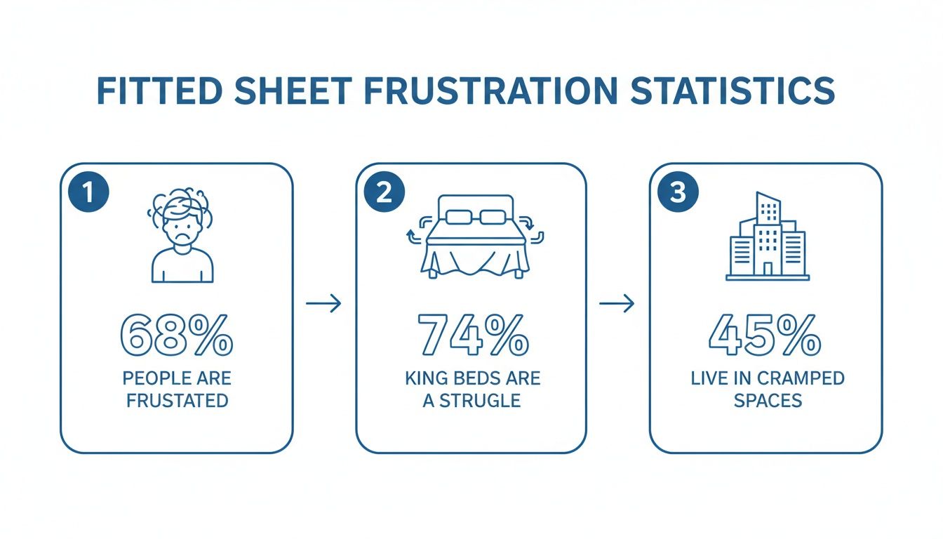 Infographic on fitted sheet frustration statistics: 68% frustrated, 74% struggle with king beds, 45% live in cramped spaces.