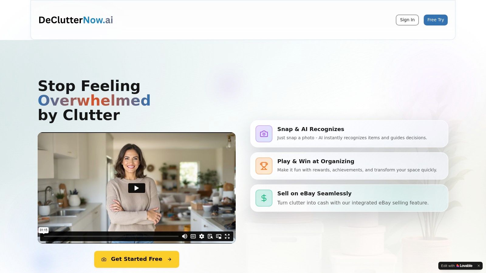 A screenshot of the DeClutter Now app interface, showing a user taking a photo of an item to receive a decluttering recommendation.