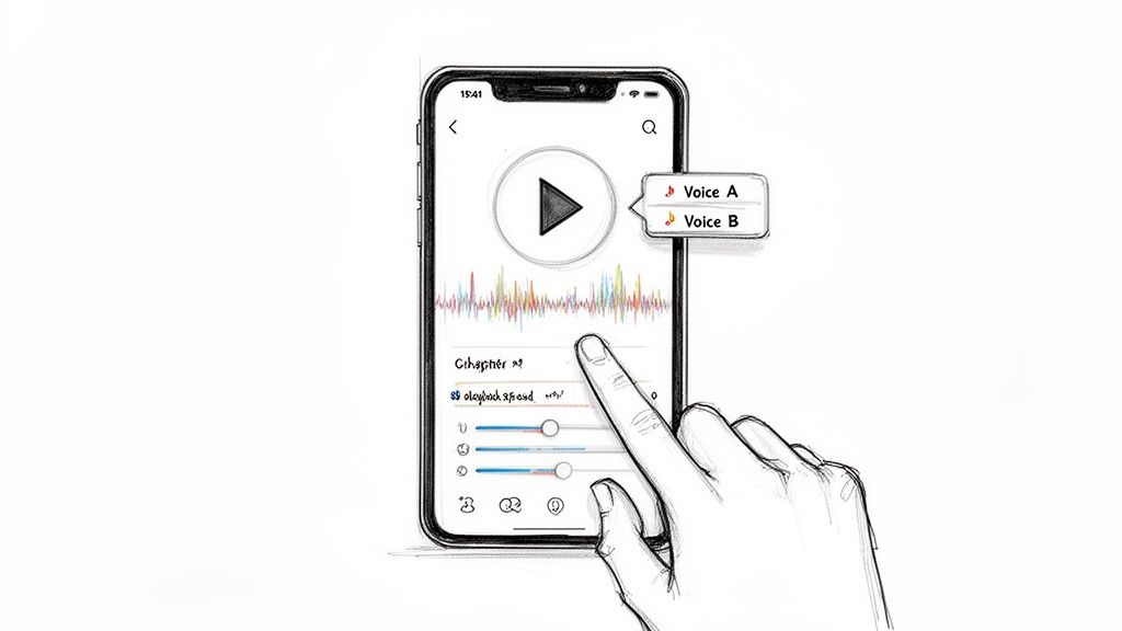 A hand taps on a smartphone screen displaying an audio player with voice selection and sound controls.
