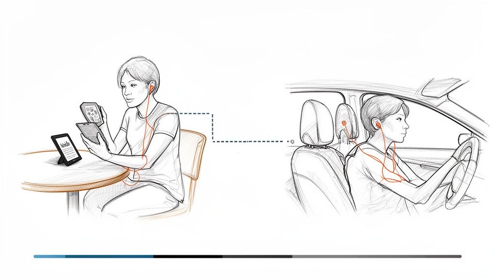 Woman seamlessly transitions from reading a Kindle e-reader to listening to content in a car.