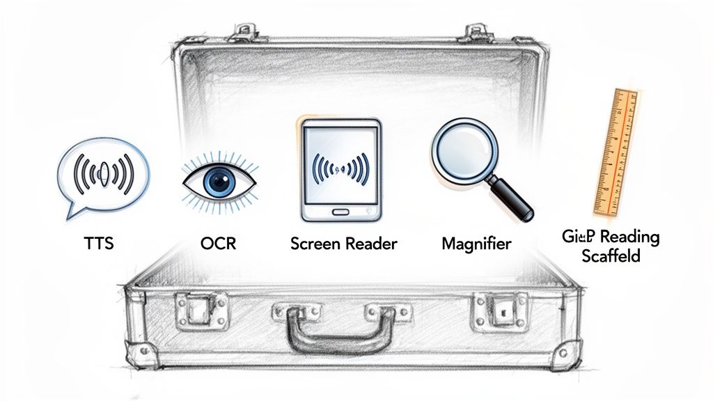 An open briefcase contains five icons for assistive reading technologies: TTS, OCR, Screen Reader, Magnifier, and Gi&P Reading Scaffolding.