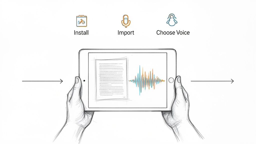 Three-step process for a text-to-speech application on a tablet: install, import, and choose voice.