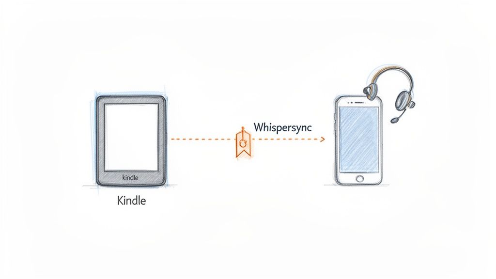 A Kindle e-reader syncs reading progress via Whispersync to a smartphone with headphones for audiobooks.