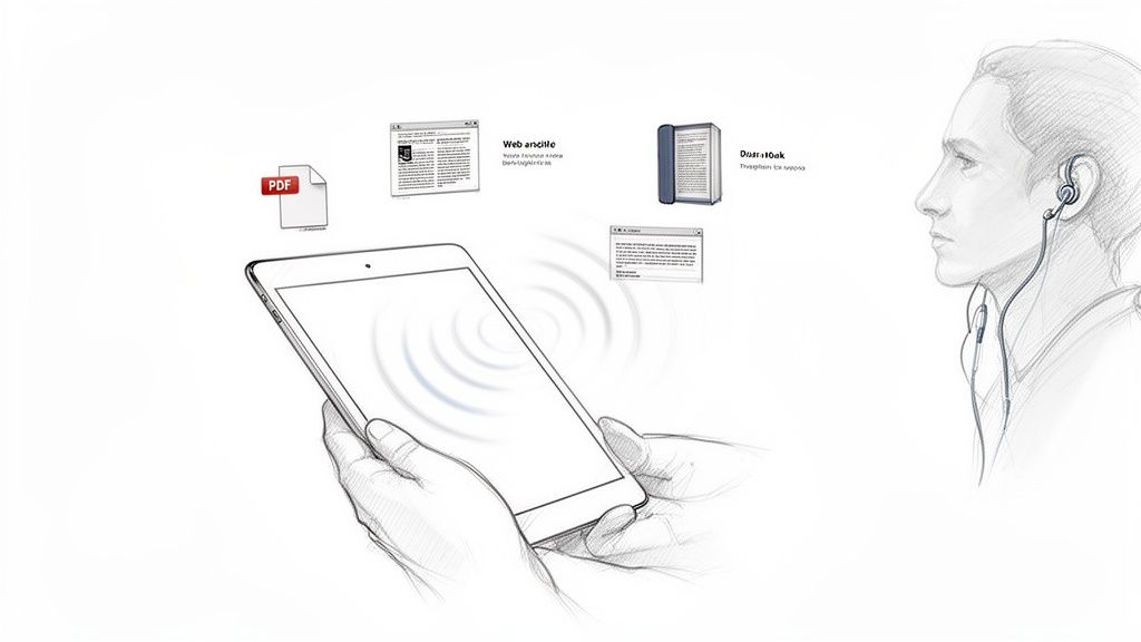 A person with earphones listens to text from a tablet displaying PDF, web article, and book icons.