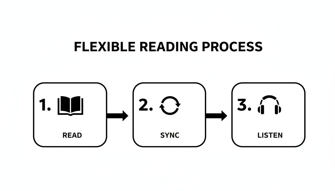 Diagram showing the flexible reading process: Read, Sync, and Listen with respective icons.