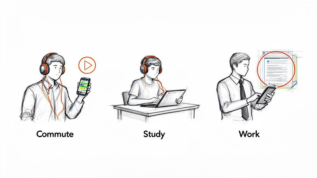 Three illustrations showing a person using technology for reading during commute, study, and work activities.
