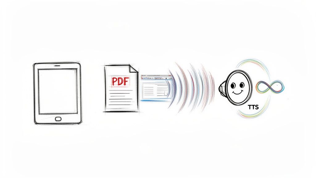 Diagram showing text from a tablet, PDF, and web page converted to audio via Text-to-Speech (TTS) for continuous listening.