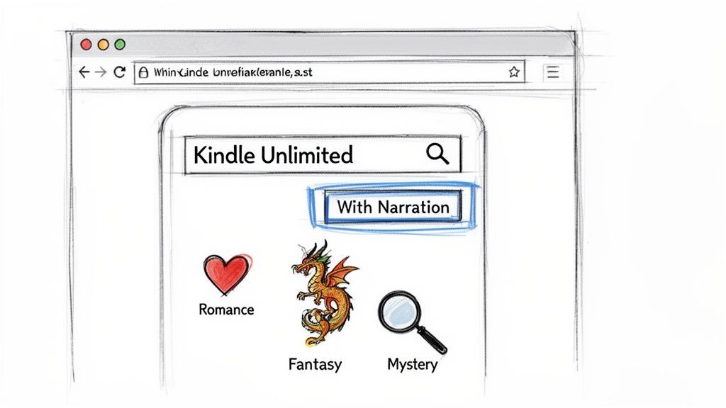Illustration of a Kindle Unlimited webpage in a browser with a 'With Narration' filter highlighted.