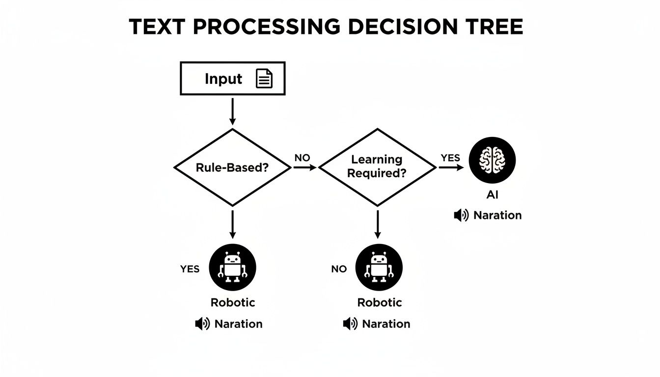 A text processing decision tree flowchart, showing paths for rule-based, learning required, robotic, and AI output with narration.