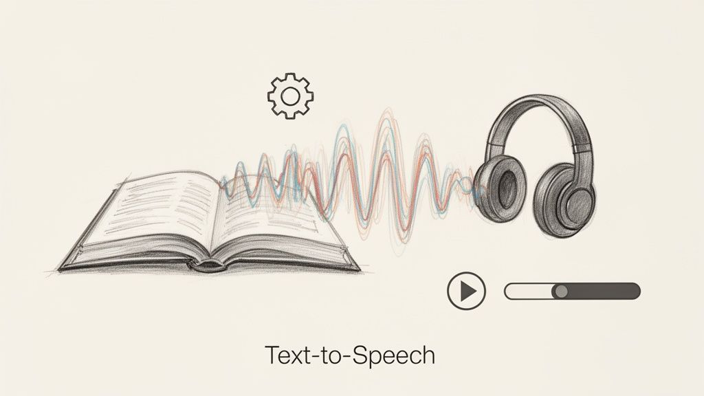 Illustration depicting text-to-speech technology, showing an open book converting to sound waves and headphones.