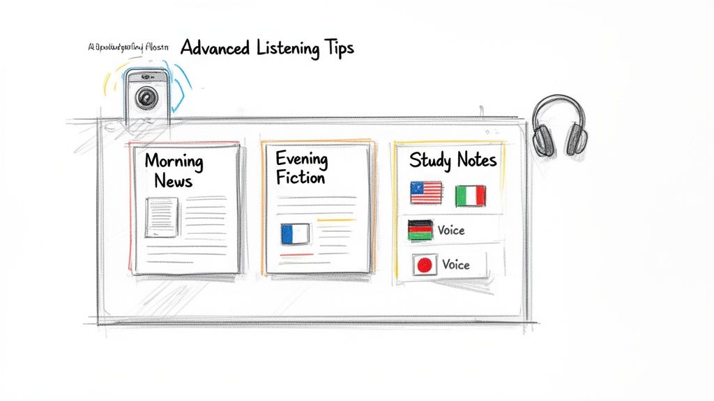 Sketch showing advanced listening tips, including morning news, evening fiction, and study notes for different languages.