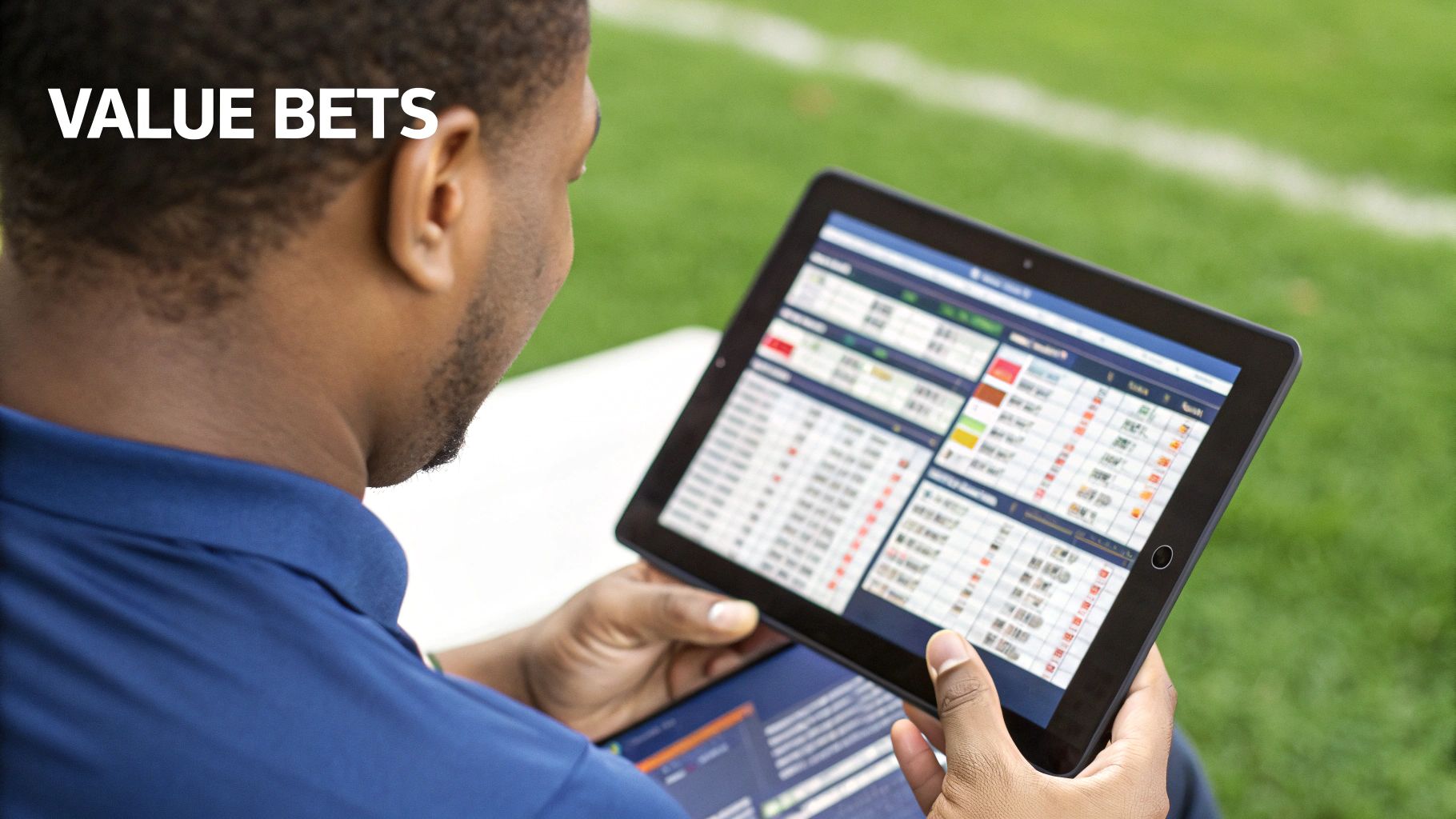 A magnifying glass hovering over glowing football betting odds on a screen.