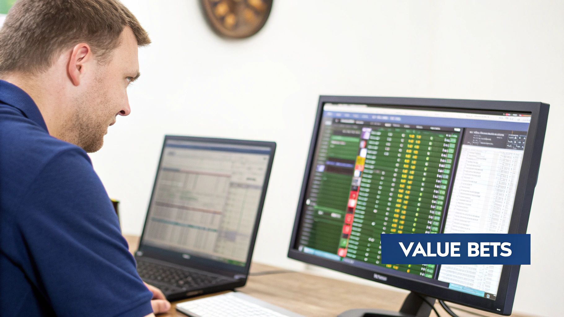 A focused bettor analysing sports statistics on multiple screens, representing the deep dive into odds and value.