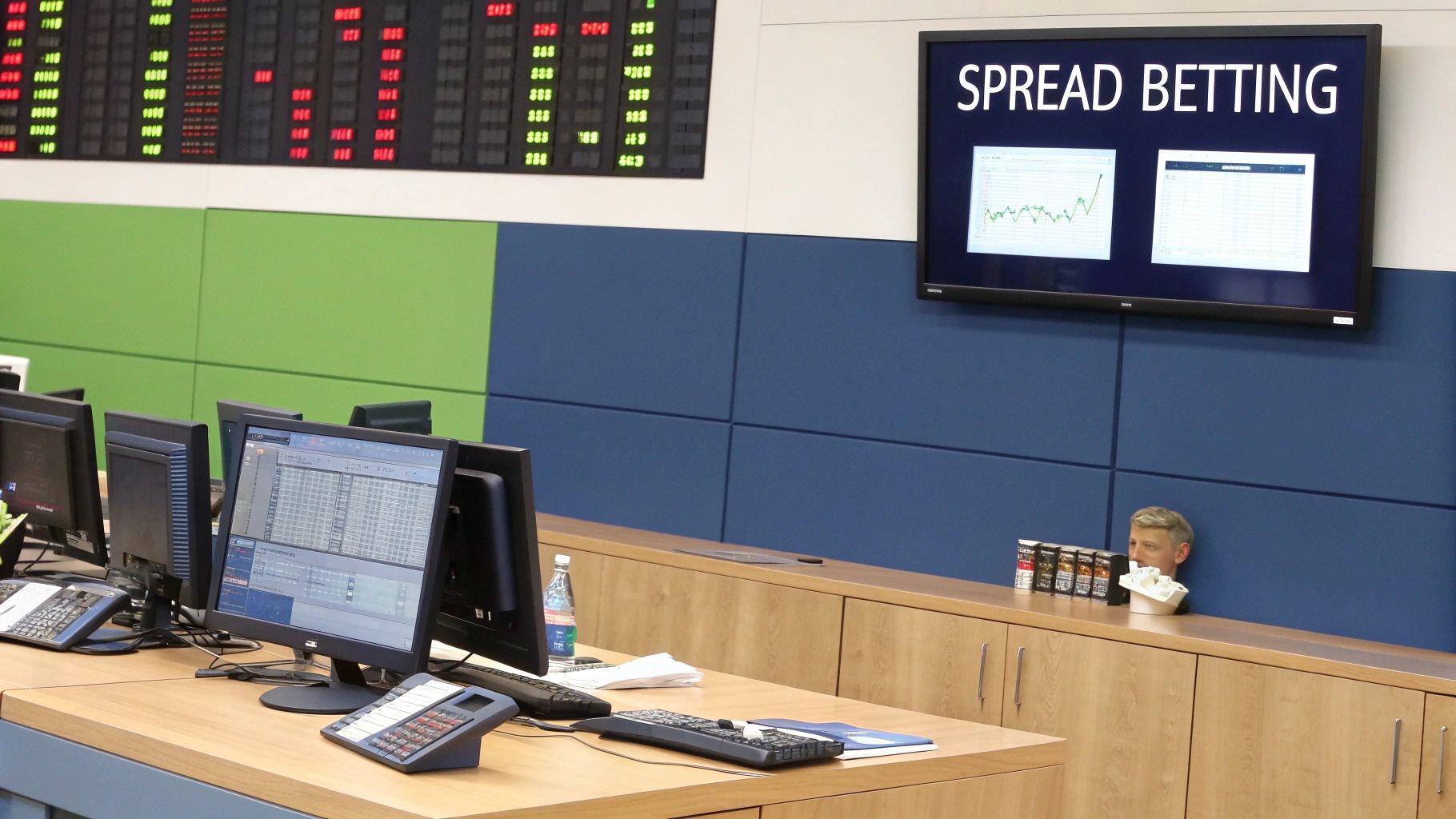 A trader analyzing financial charts on multiple screens, representing the act of spread betting.