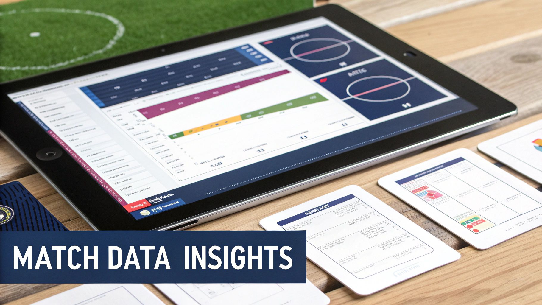 A football on a pitch with data overlays, representing the data used in football AI prediction