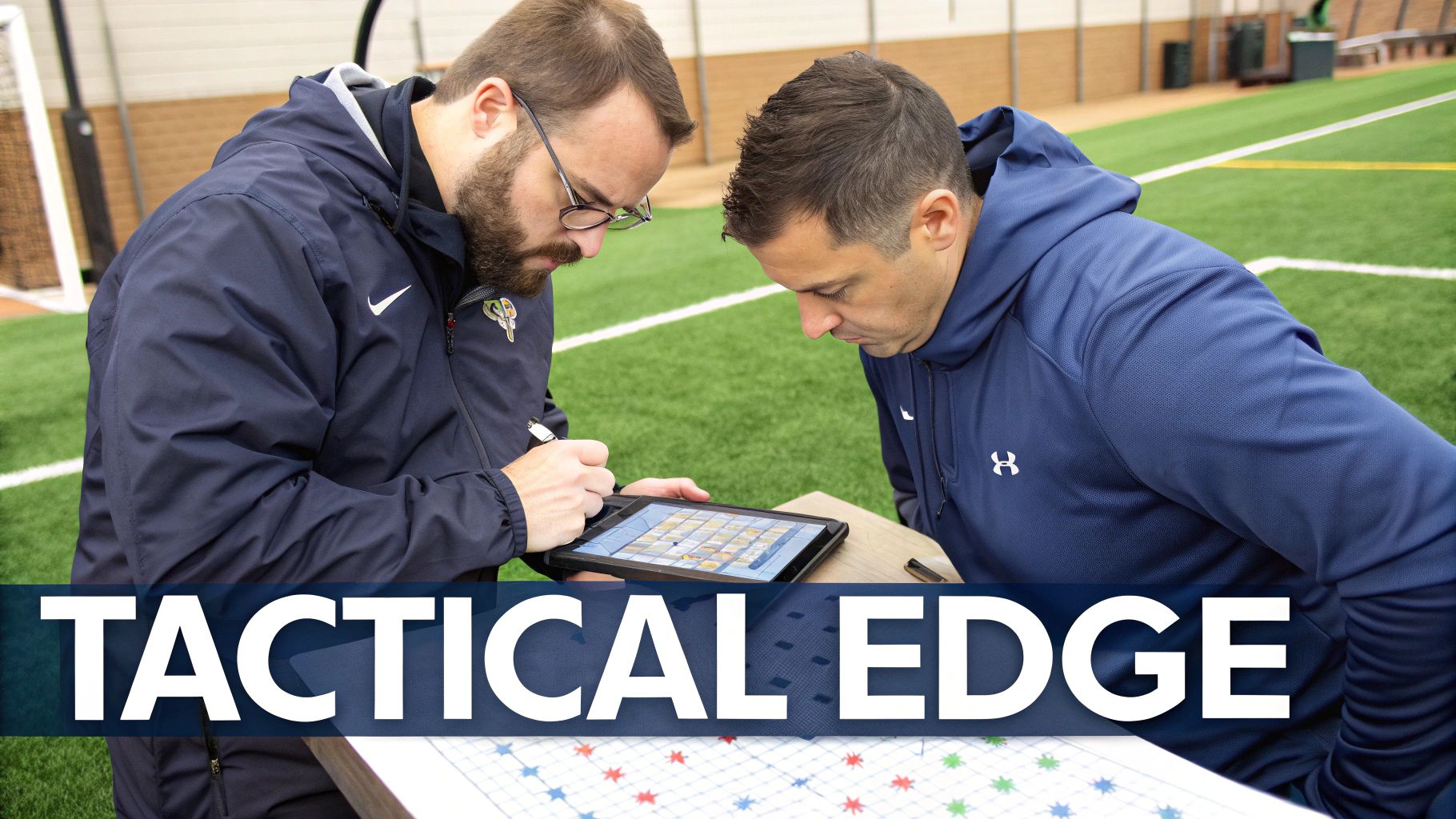 A football manager strategizing on a tactical board, illustrating the concept of tactical matchup analysis.