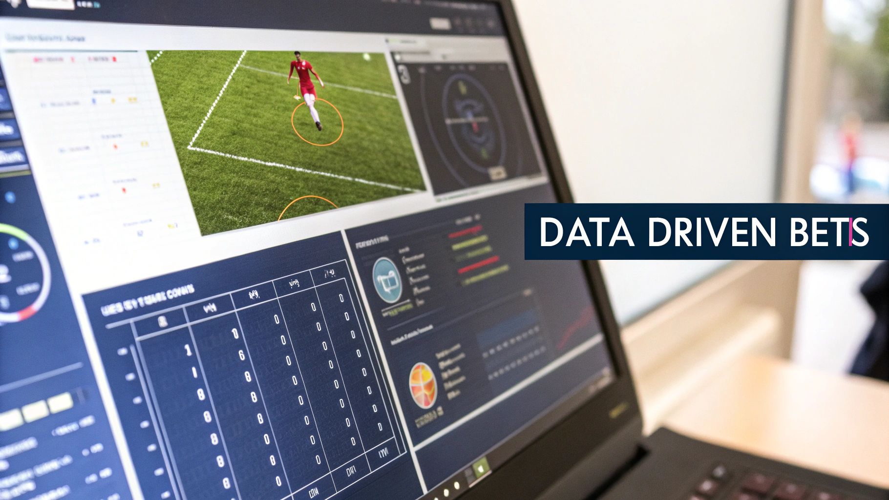 A football stadium viewed from above, with data overlays and charts symbolizing analysis.