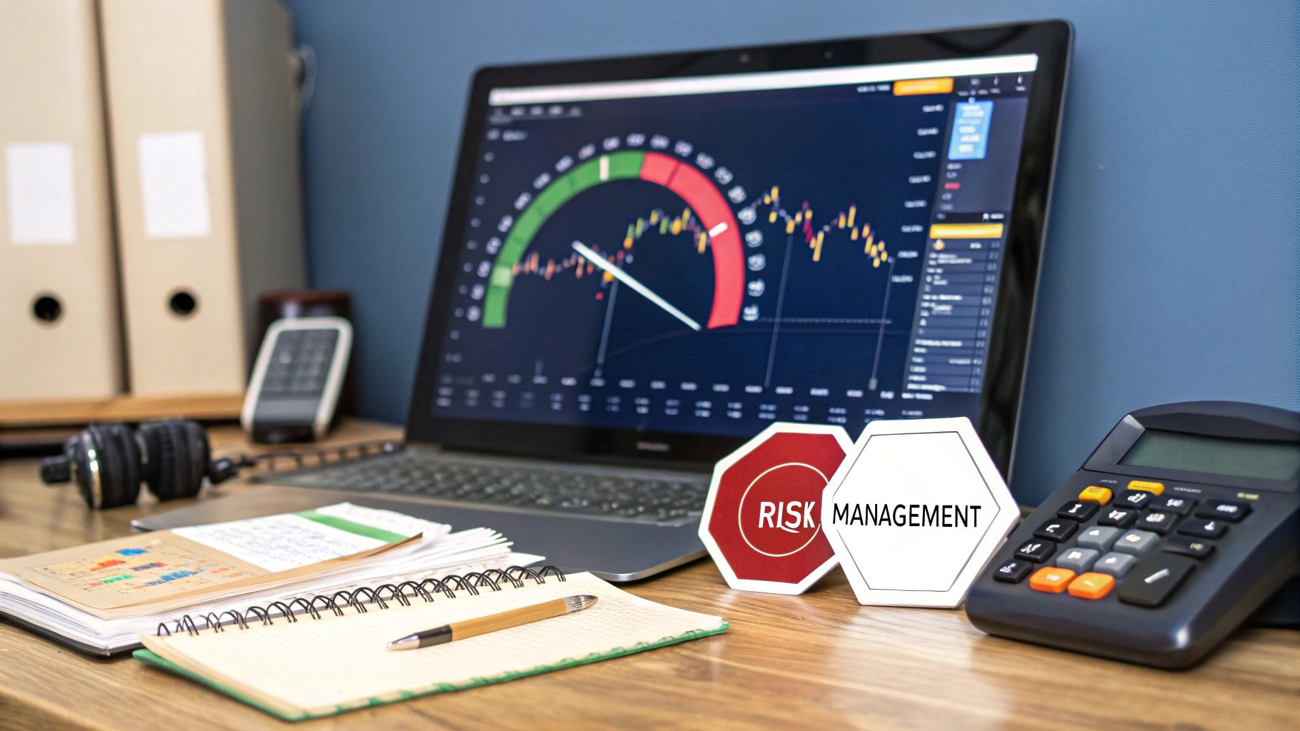 A trader looking thoughtfully at a screen with a complex graph, indicating risk and decision-making.