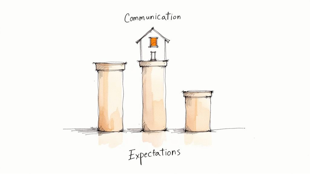 Hand-drawn sketch of a 'Communication' house on varying 'Expectations' pillars, symbolizing their interdependent relationship.