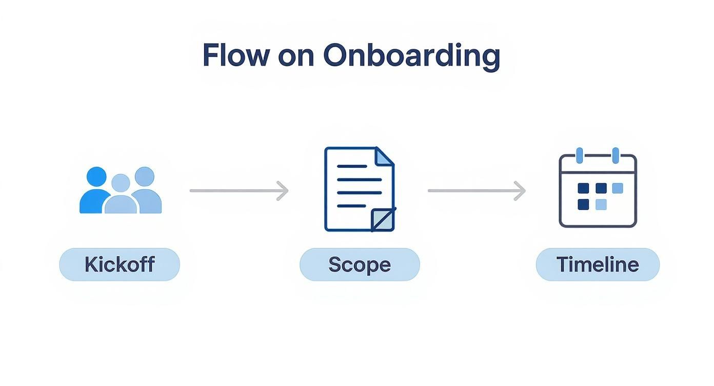 A diagram illustrating the onboarding flow, featuring Kickoff, Scope, and Timeline stages.