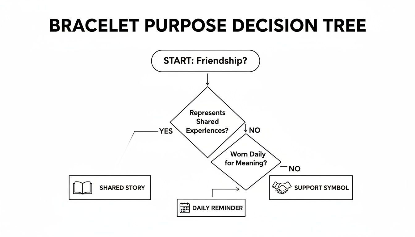 A decision tree flowchart for bracelet purposes, starting with friendship, leading to shared story, daily reminder, or support symbol.