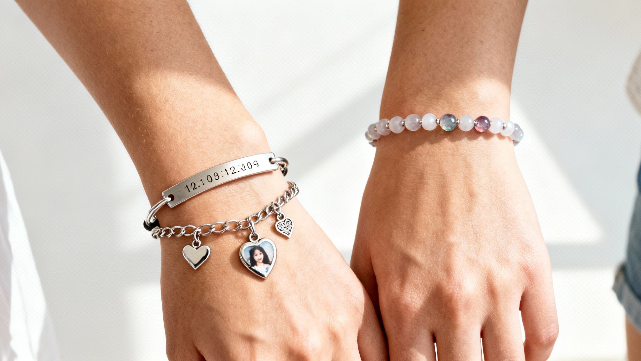 Two friends' hands clasped, wearing personalized silver charm and colorful beaded bracelets.
