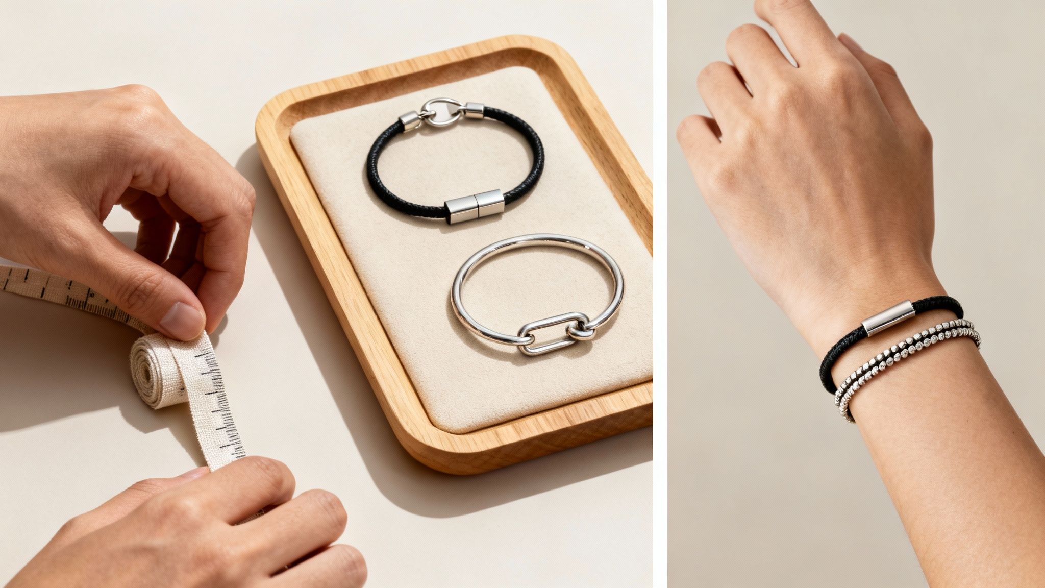 Hands unrolling measuring tape next to two different bracelets on a tray and a wrist wearing two bracelets.