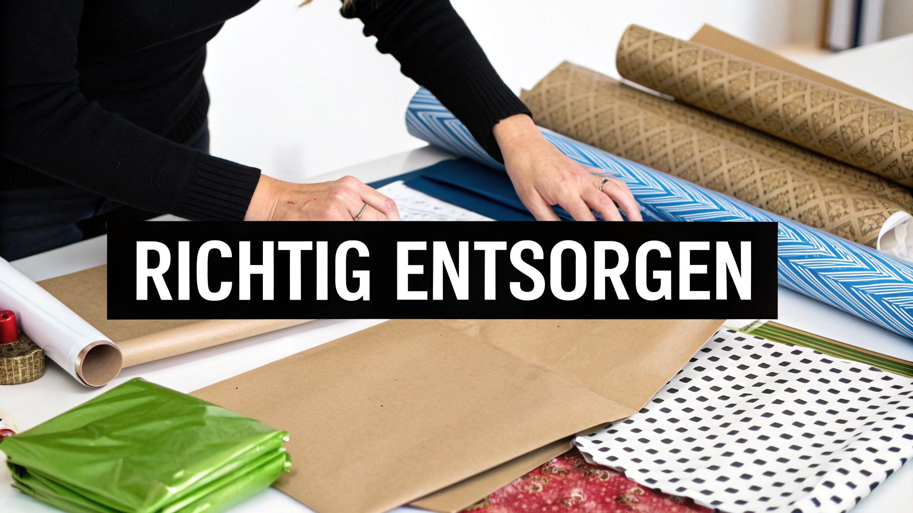 Eine Person sortiert verschiedene Geschenkverpackungen und Materialien auf einem Tisch. Textoverlay: RICHTIG ENTSORGEN.