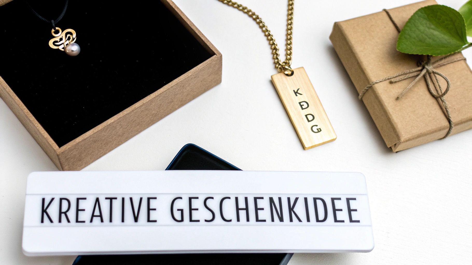 Kreative Geschenkideen mit personalisiertem Schmuck, einer verpackten Box und einem Leuchtschild auf weißem Hintergrund.