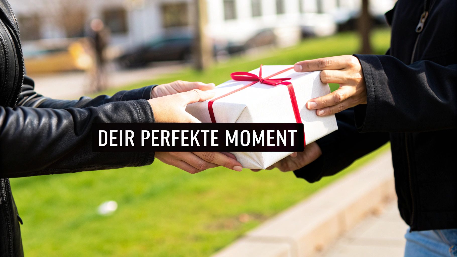 Zwei Hände reichen ein liebevoll verpacktes Geschenk mit roter Schleife über, ein besonderer Moment.