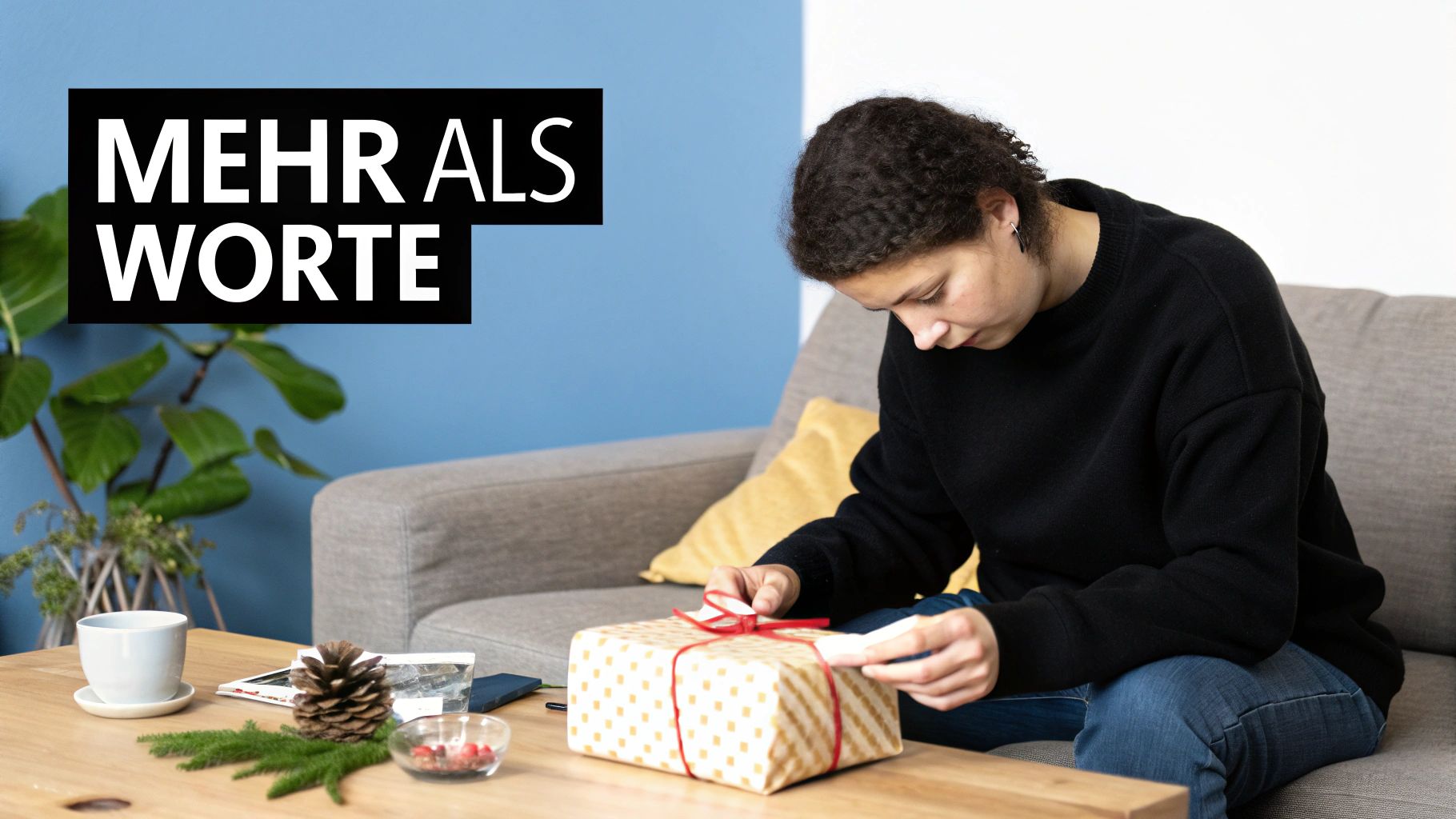 Eine Person packt ein Geschenk ein oder aus. Text: MEHR ALS WORTE. Festliche Dekoration auf dem Tisch.