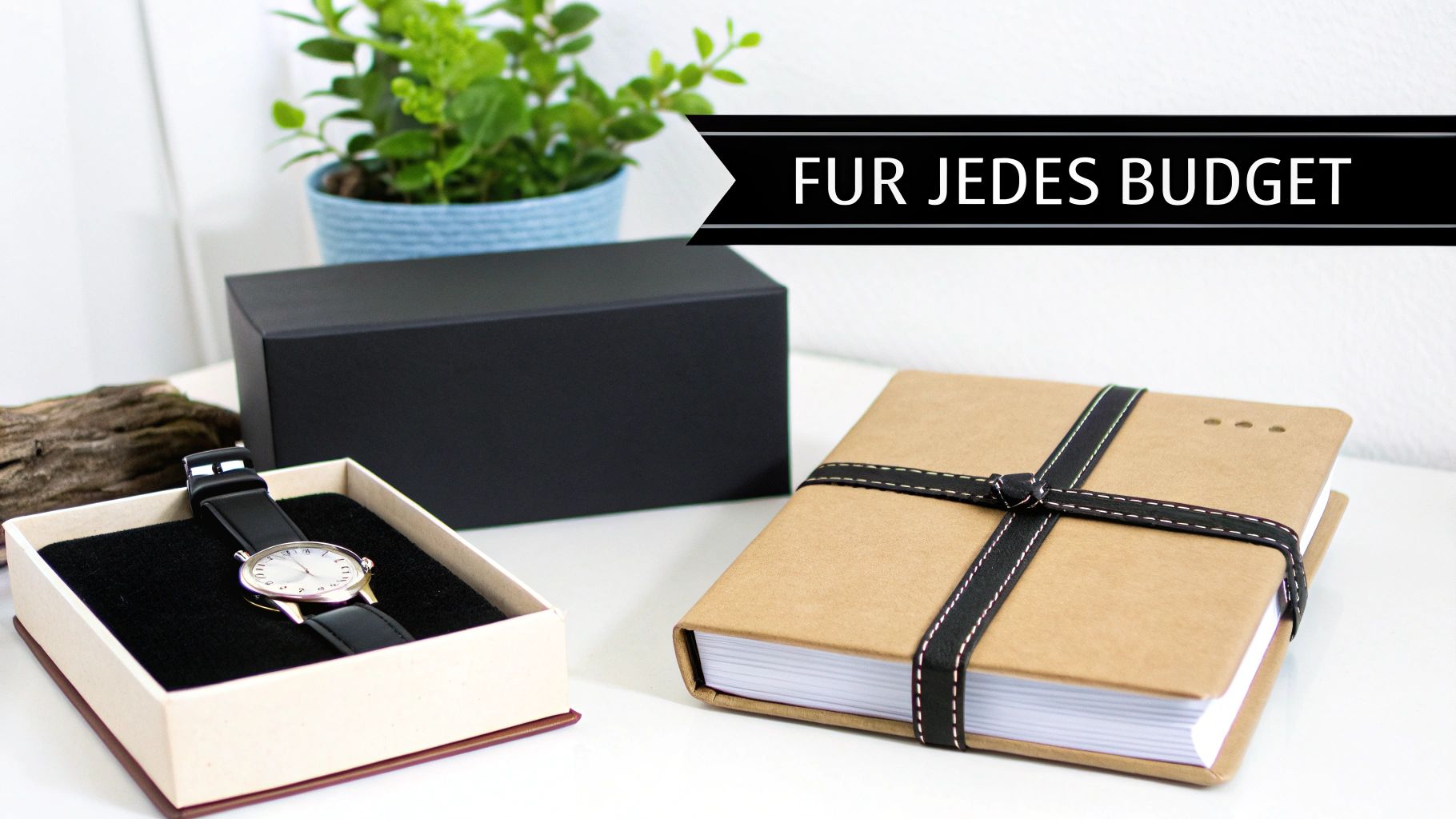 Un reloj de pulsera en una caja de regalo, un cuaderno y una caja negra sobre una mesa con un fondo de plantas. Ideal para cualquier presupuesto.