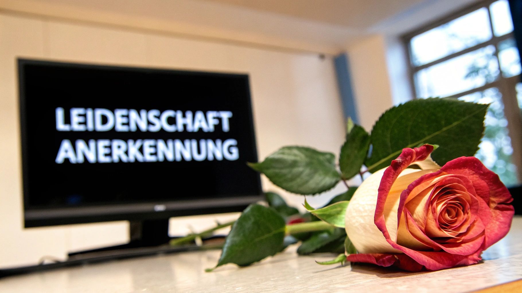 Una rosa de color rojo y crema yace sobre una mesa frente a una pantalla borrosa que muestra las palabras "RECONOCIMIENTO DE PASIÓN".