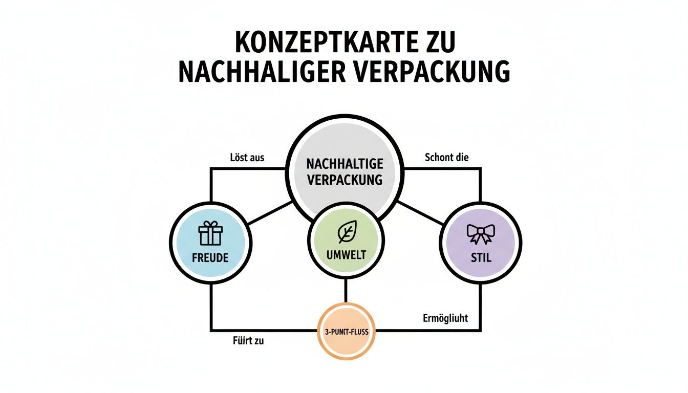 Konzeptkarte zu nachhaltiger Verpackung, die Freude, Umweltfreundlichkeit und Stil durch einen 3-Punkt-Fluss verbindet.