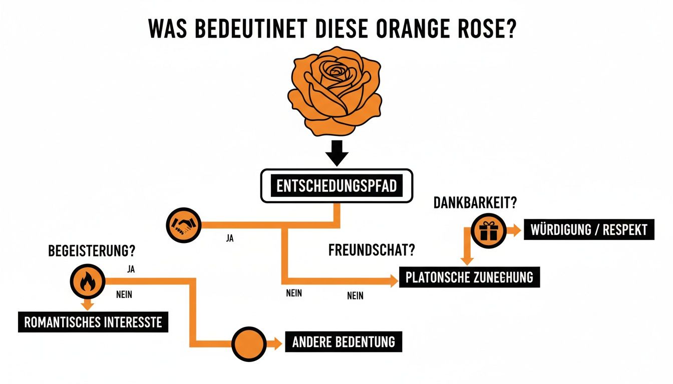 Flussdiagramm zur Erklärung der Bedeutung einer orangefarbenen Rose, basierend auf Begeisterung, Freundschaft und Dankbarkeit.
