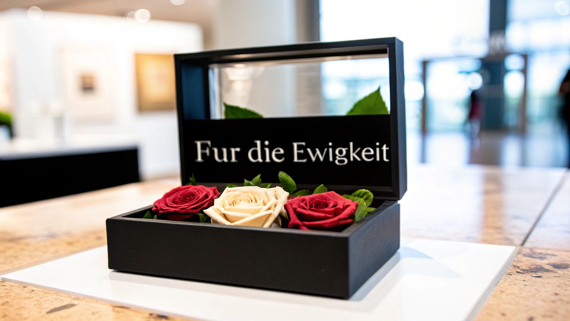 Black box containing two red and one white preserved rose, green leaves and the inscription 'For eternity'.